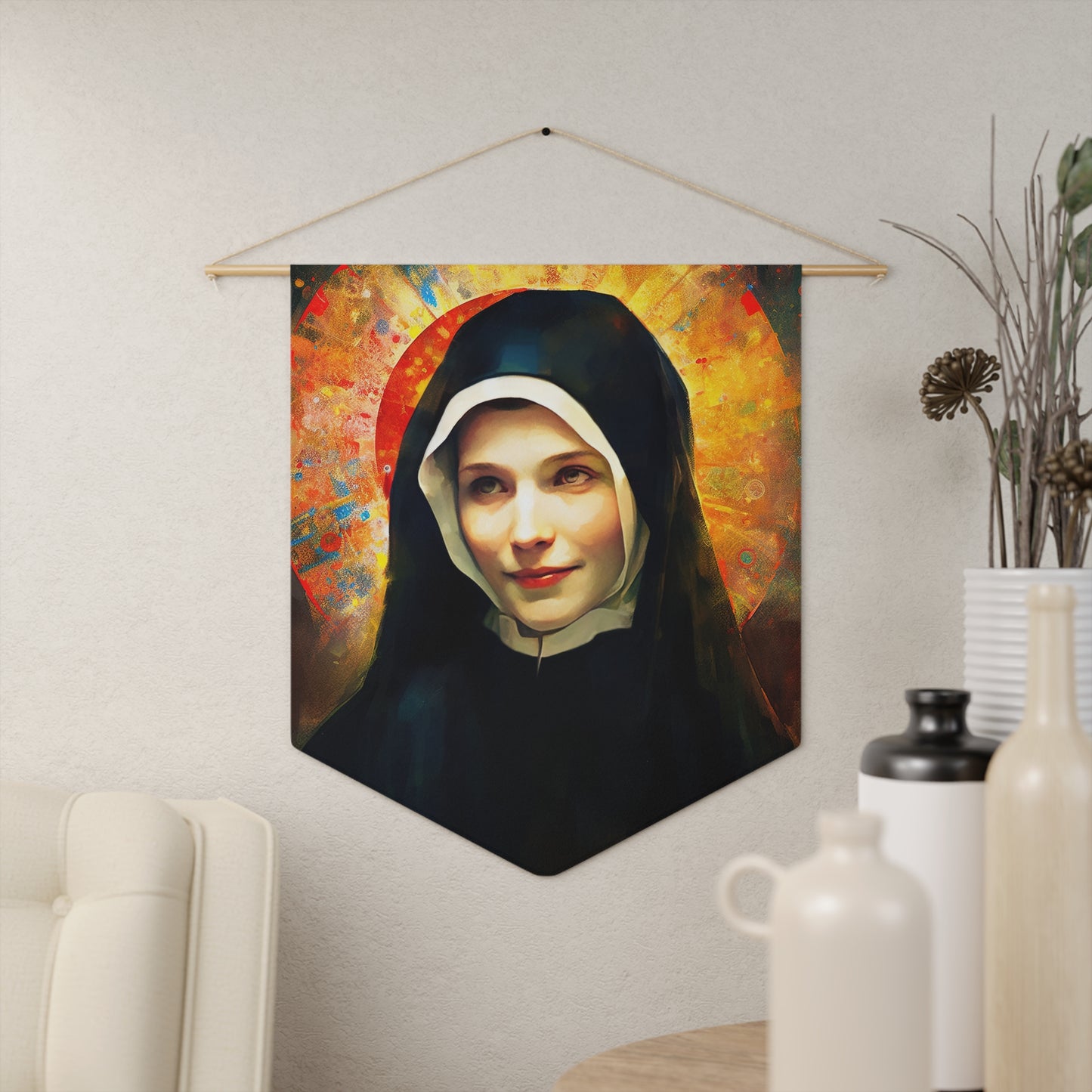 Saint Maria Faustina Kowalska Wall Banner / Wall Hanging / Pennant - Religious Art - Prayer room - Catholic Art - Large Print - 18" x 21"