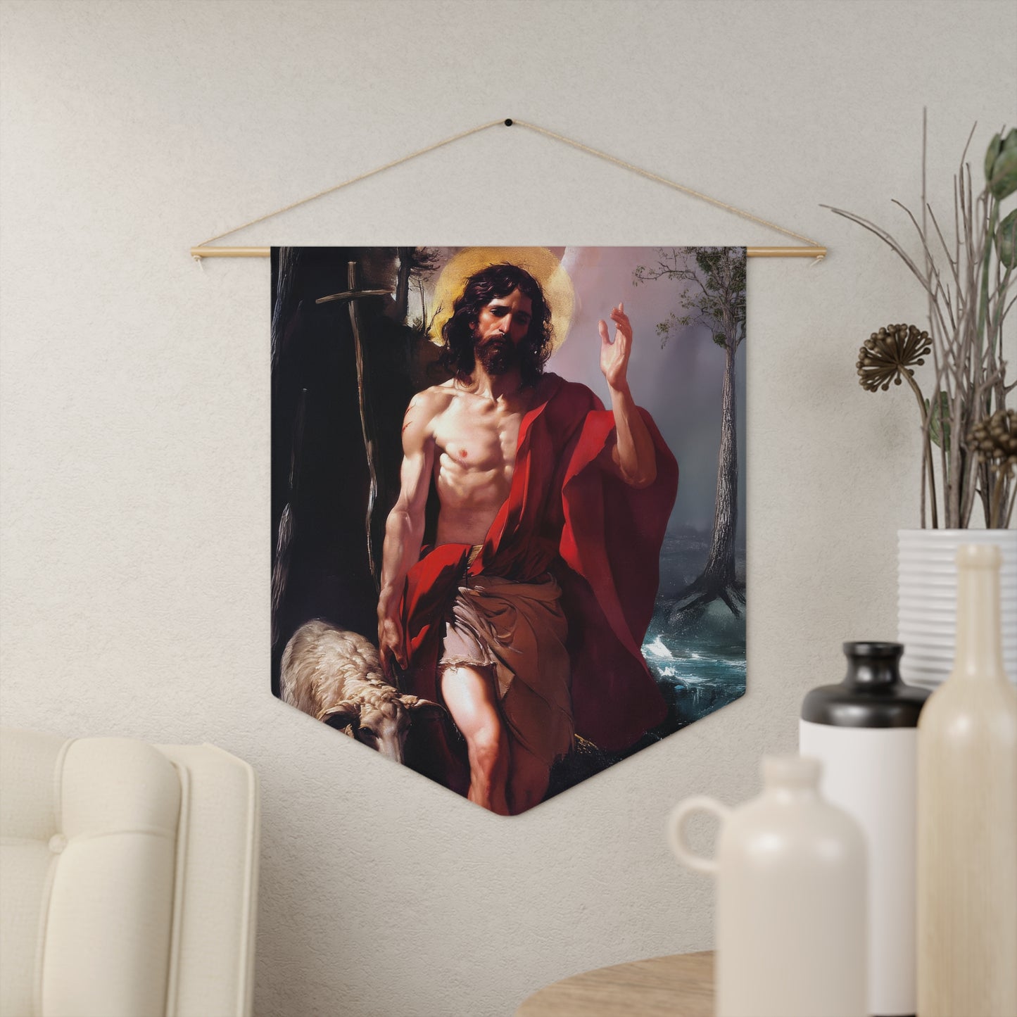 Saint John the Baptist Pennant / Banner / Wall Hanging - Prayer room art - 18" x 21" - Catholic - Large Banner