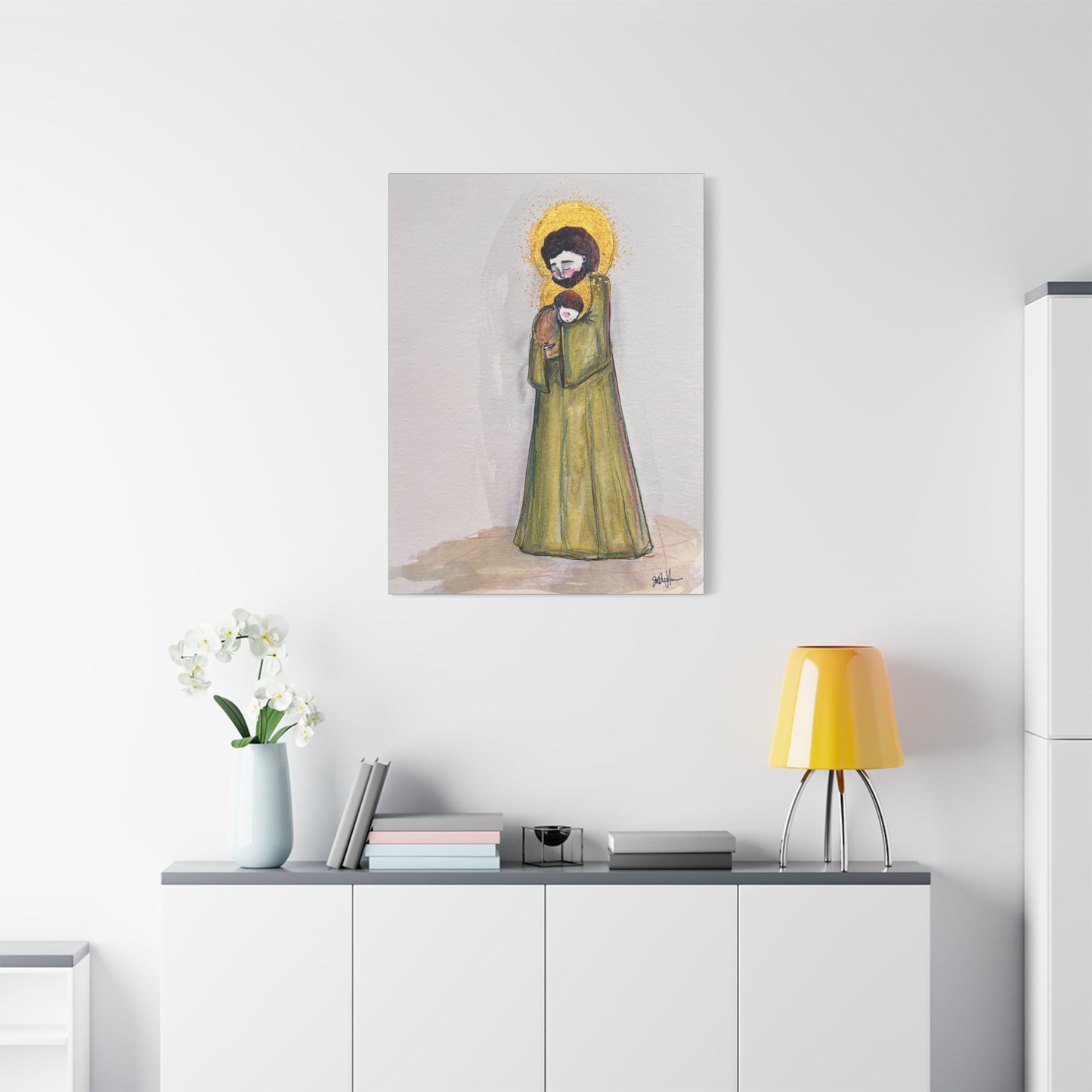 Saint Joseph and Child Jesus Catholic Canvas Print | Hand-Drawn Watercolor Sacred Art | Christian Devotional Wall Art