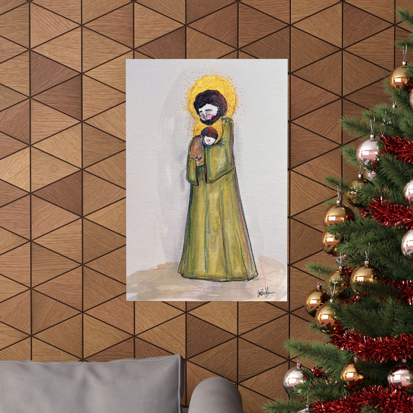 Saint Joseph and Child Jesus Catholic Art Print | Hand-Drawn Watercolor Sacred Artwork | Christian Devotional Wall Art