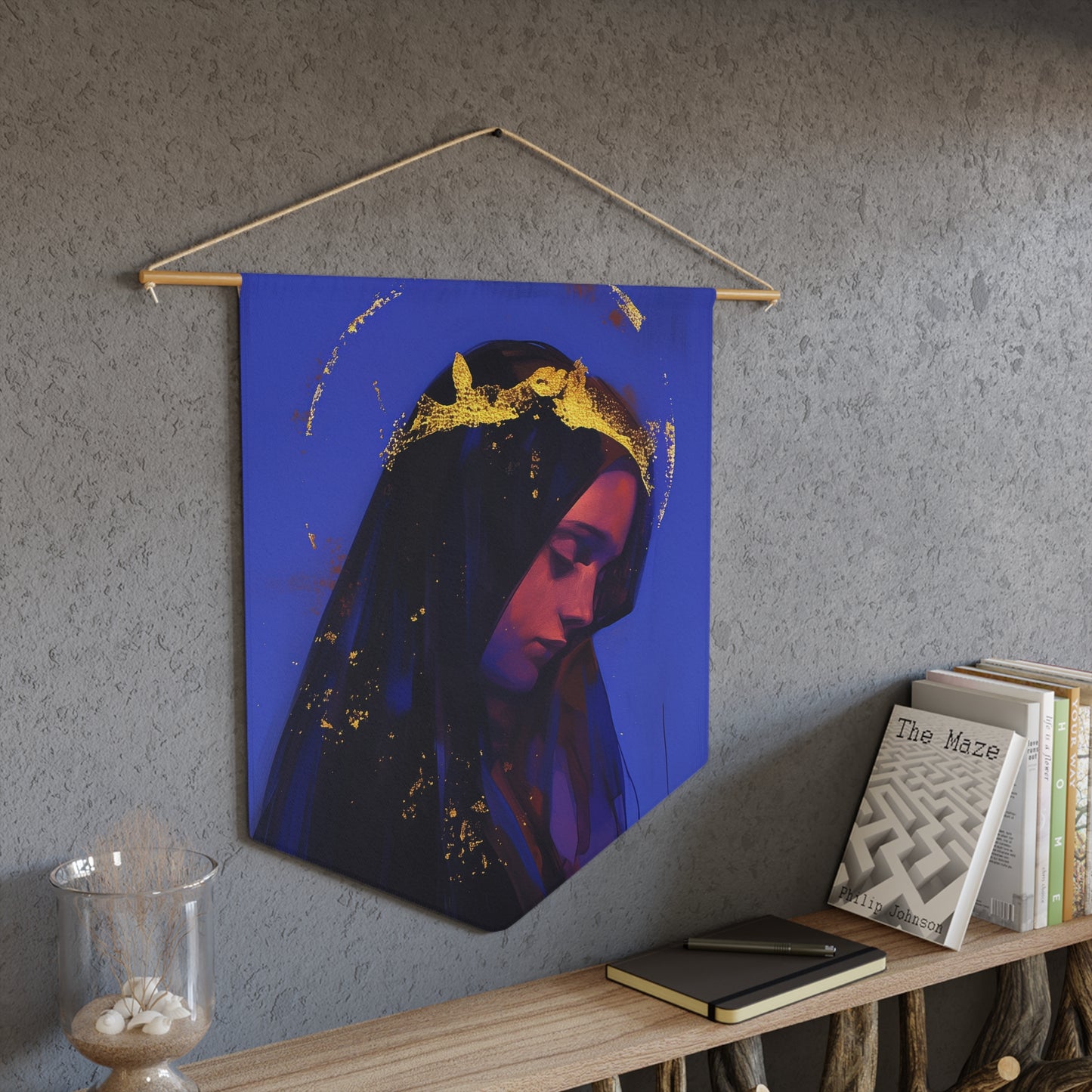 Mary, Mother of God - Queen of Heaven and Earth Pennant / Banner / Wall Hanging - Prayer room art - 18" x 21" - Catholic Gift
