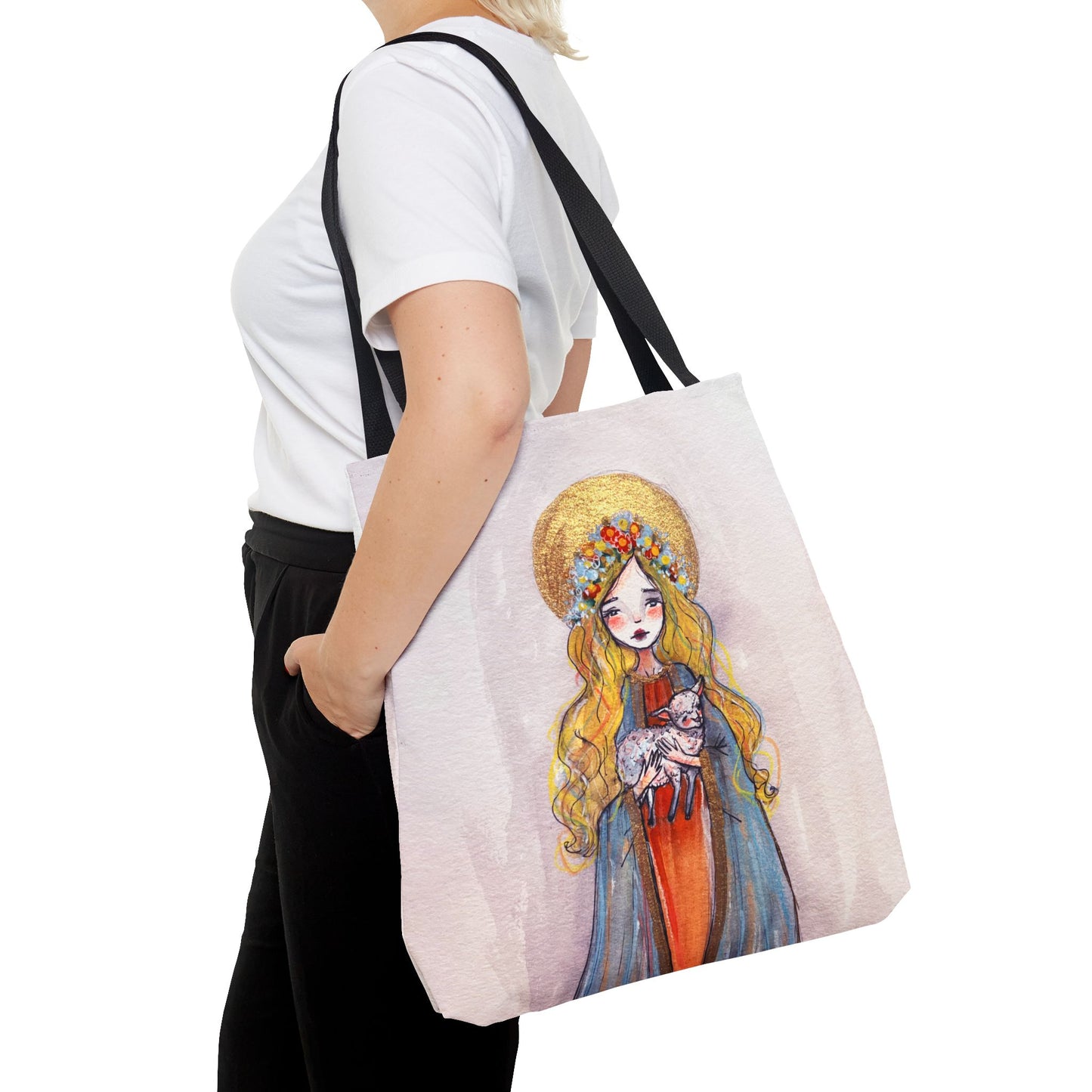 Saint Agnes of Rome Catholic Tote Bag | Christian Devotional Bag Hand-Drawn Sacred Art Tote | Sanctified Solocosmo Religious Tote