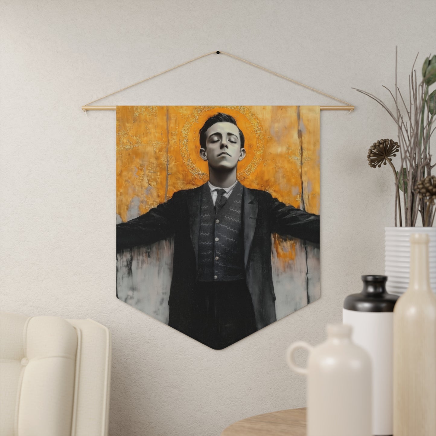 Blessed Miguel Pro - Pennant / Banner / Wall Hanging - Prayer room art - Catholic Home - 18" x 21" - Catholic Saint Martyr Art