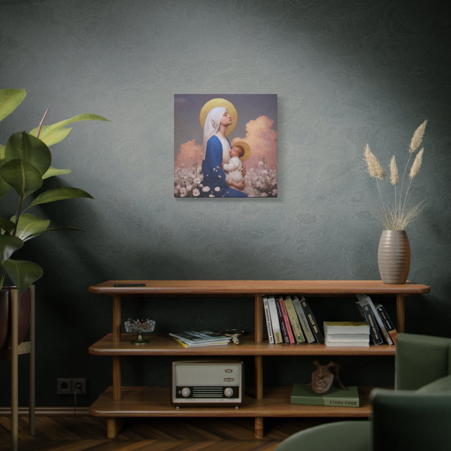 Mother Mary - Our Lady Among the Flowers -  Museum Wrapped Canvas - Sanctified Souls Print - Religious Art for your Home - Catholic Mother Mary Art