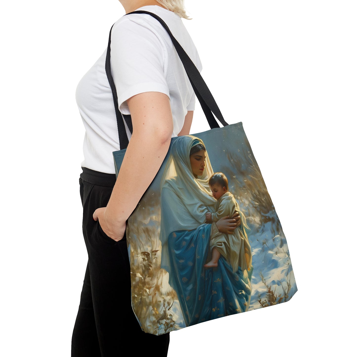 Snowfall of Grace - Our Lady's Winter Radiance - Our Lady of the Snows Tote Bag - Large Medium Small Faith Art Bag