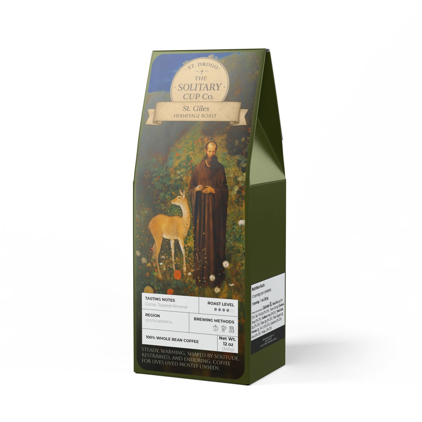 St. Giles - Hermitage Roast (Medium-Dark Roast) - St. Drogo - The Solitary Cup Co. - Artisan Catholic Saint Inspired Coffee - 12 oz.