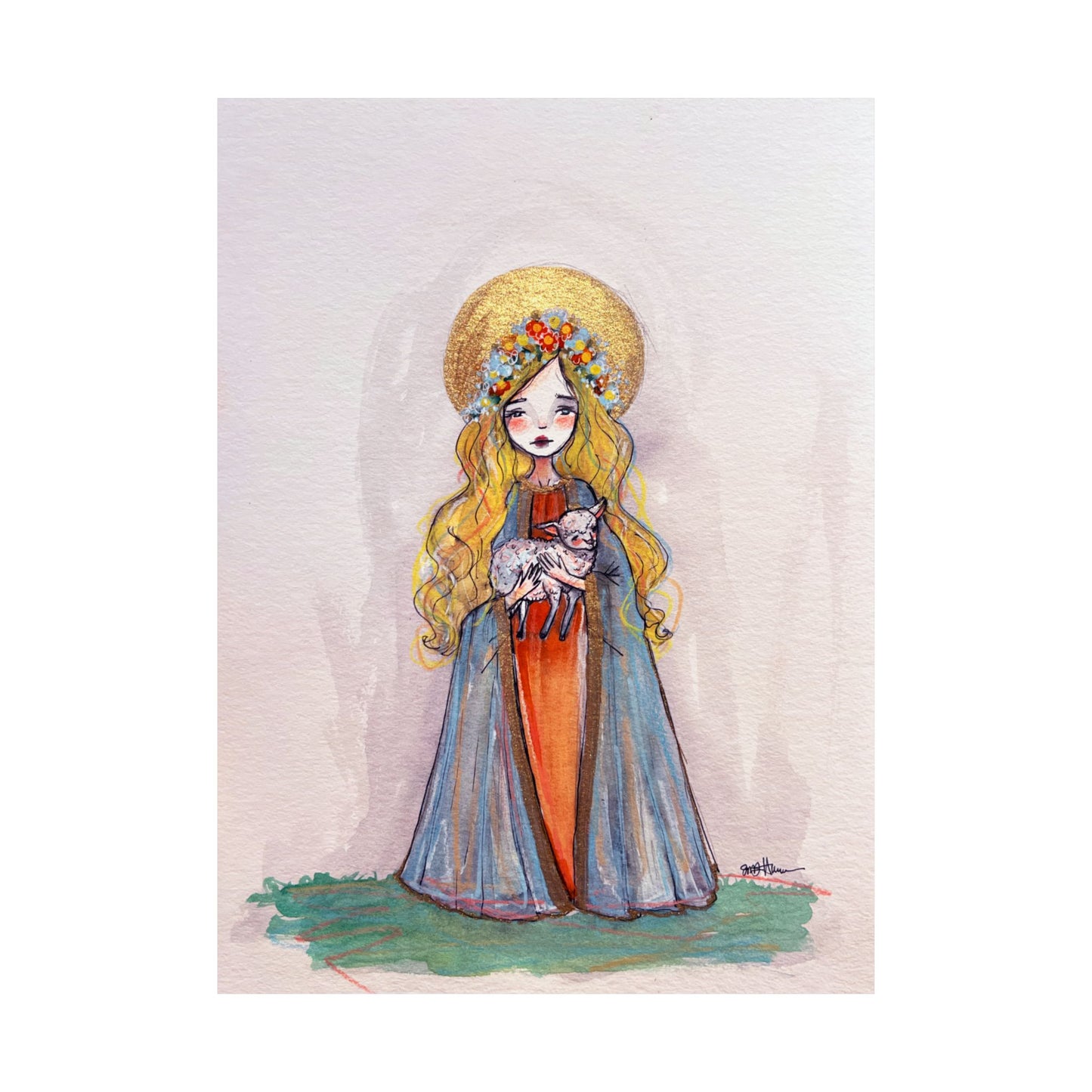 Saint Agnes of Rome Catholic Art Print | Hand-Drawn Watercolor Sacred Artwork | Christian Devotional Wall Art Religious Poster