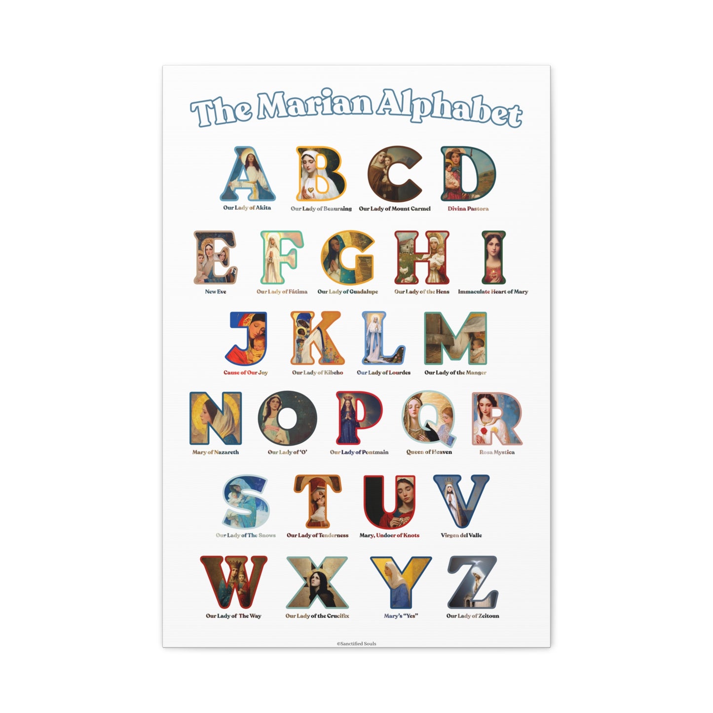 Catholic Marian Alphabet ABC Canvas - Full Alphabet Large Canvas - Catholic ABC Mary - Marian Titles - Catholic Nursery / Homeschool