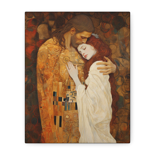 Transcendent Devotion: Christ Embracing Mary Magdalene Museum Wrapped Canvas - Sanctified Souls Print - Based on Klimt's The Kiss