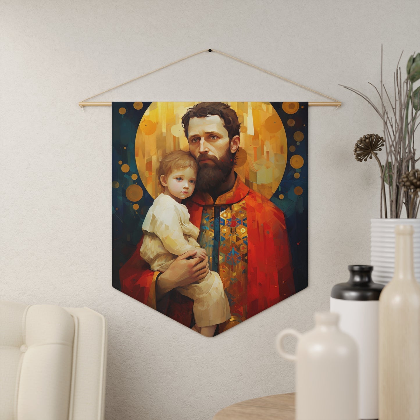 Saint Christopher and the Christ Child Wall Banner / Wall Hanging / Pennant - Religious Wall Tapestry - Catholic Art - 18" x 21"