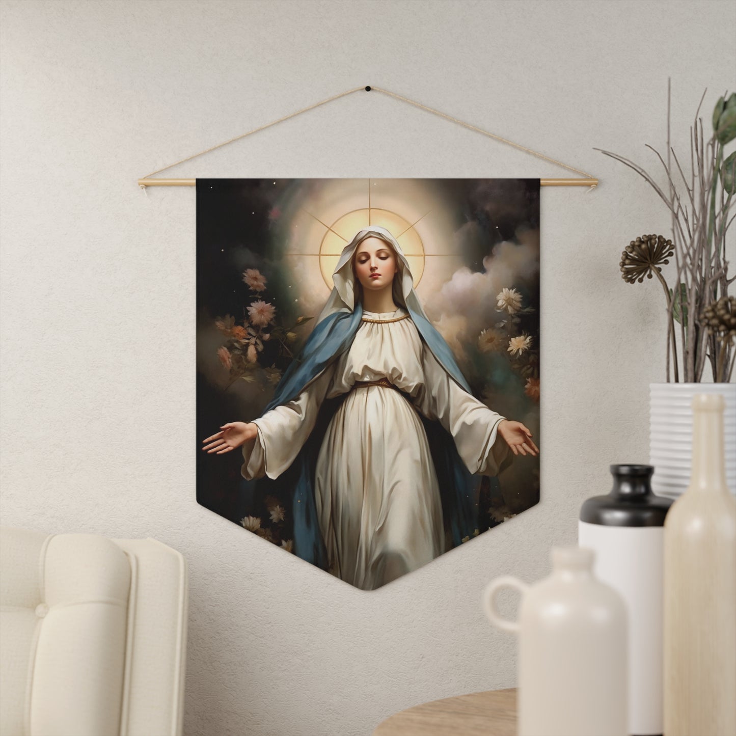 Ethereal Beauty - The Immaculate Mother Wall Banner / Wall Hanging - Prayer room art - Catholic Home Art - Virgin Mary Art - 18" x 21"
