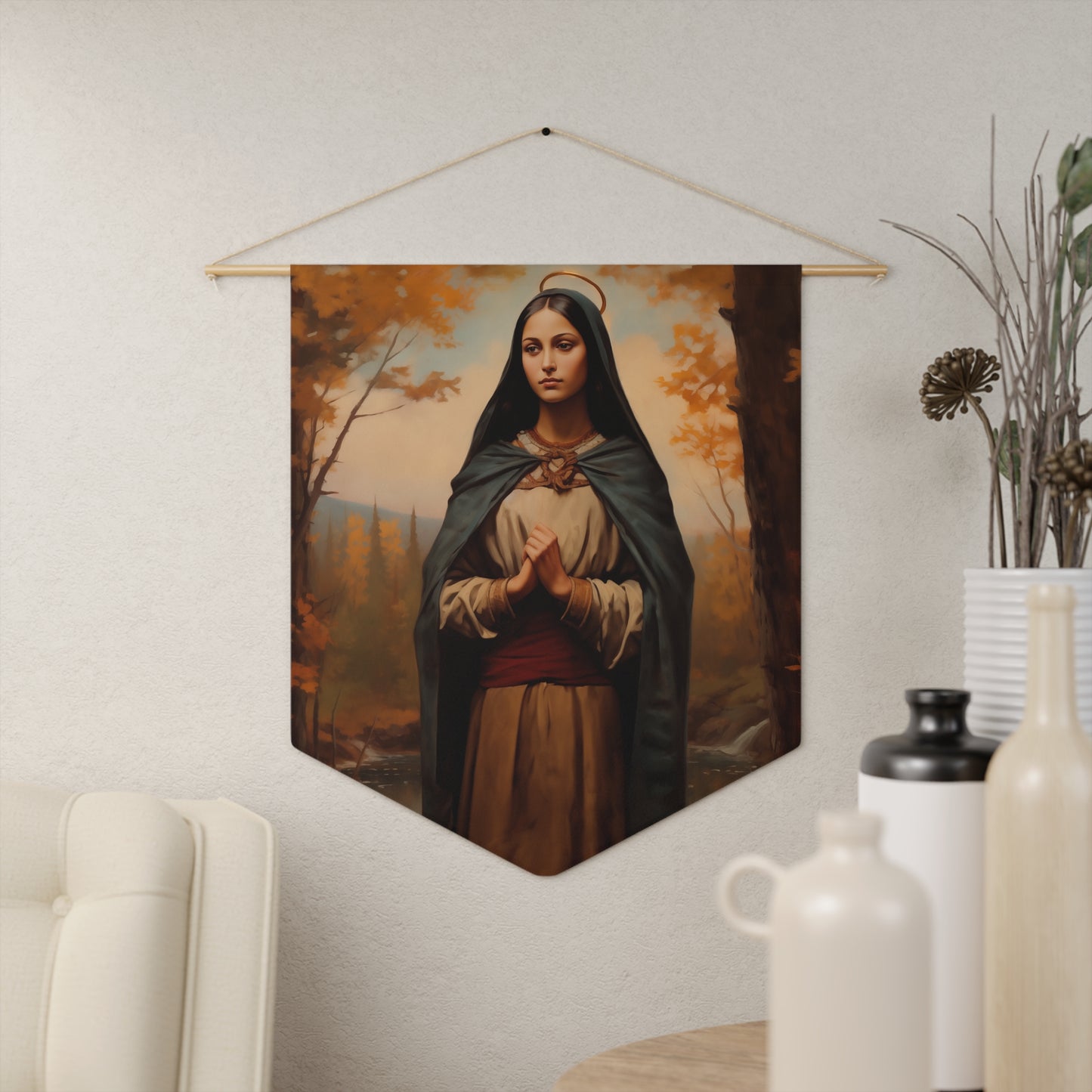 Saint Kateri Tekakwitha Wall Banner / Wall Hanging - Prayer room art - Catholic Home Art - Large Saint Art for your home - 18" x 21"