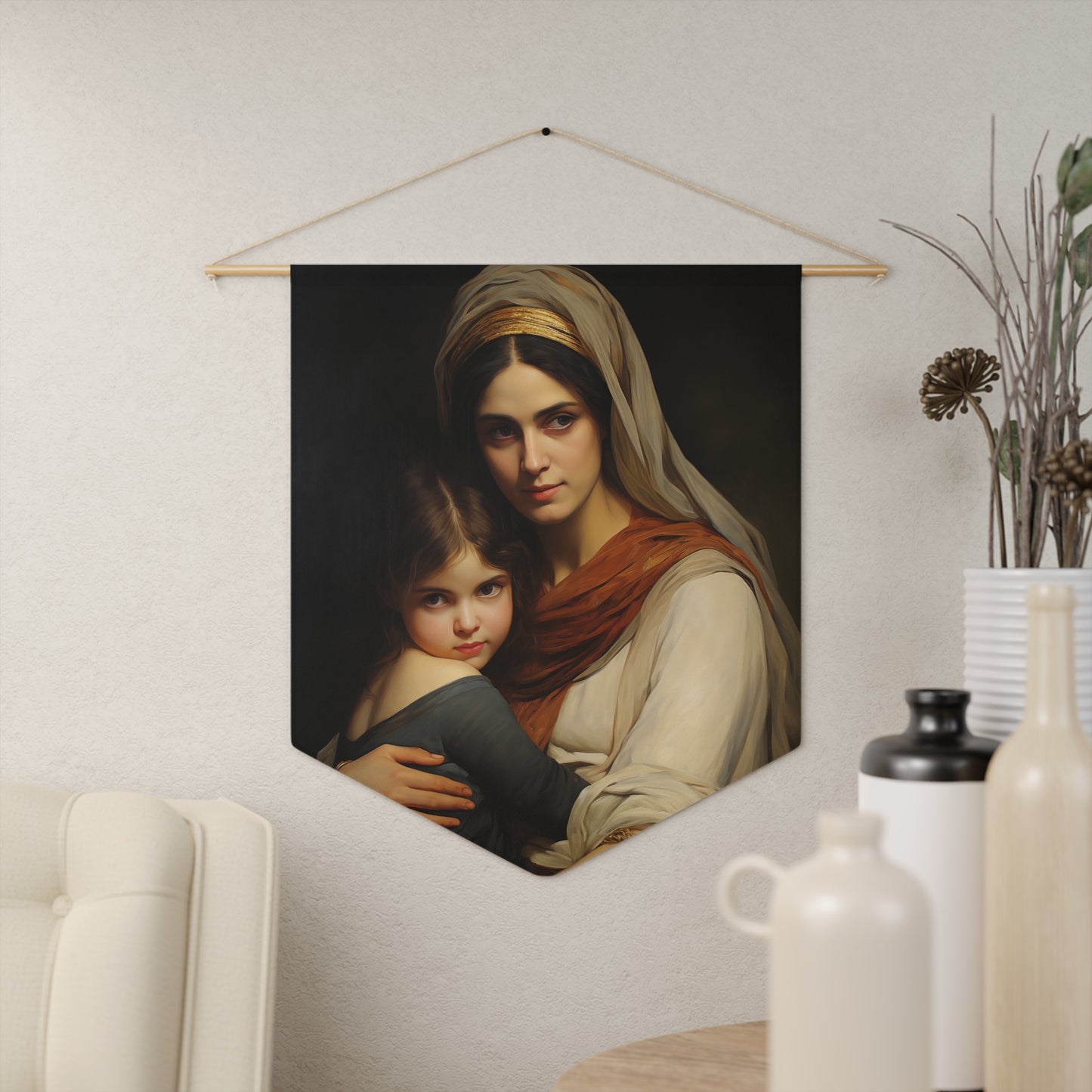 Saint Anne and a Young Mary Pennant / Banner / Wall Hanging - Prayer room art - Catholic Home Art - Large Saint Art - 18" x 21"
