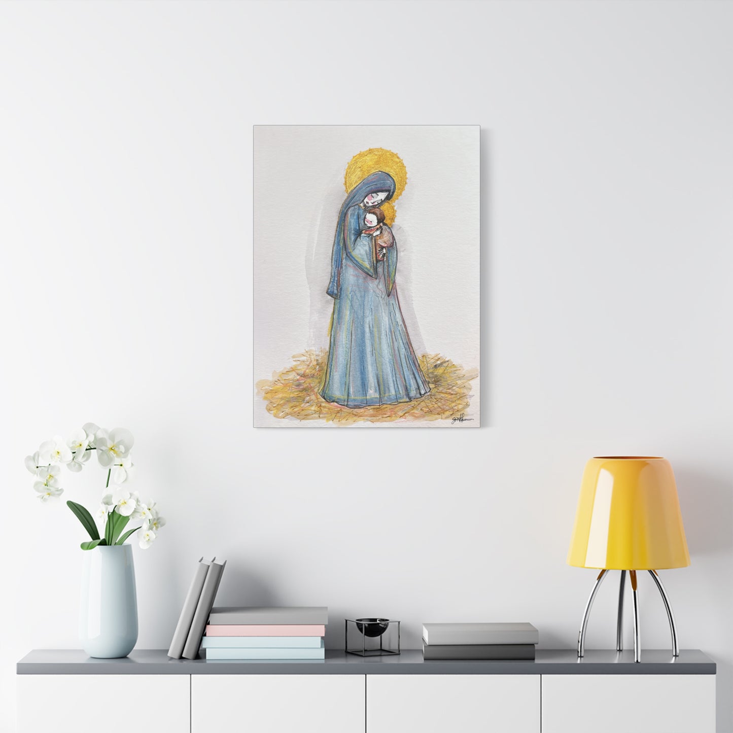 Our Lady of the Manger - Mother Mary Art - Catholic Canvas Print | Virgin Mary Sacred Art | Hand-Drawn Watercolor Christian Wall Art