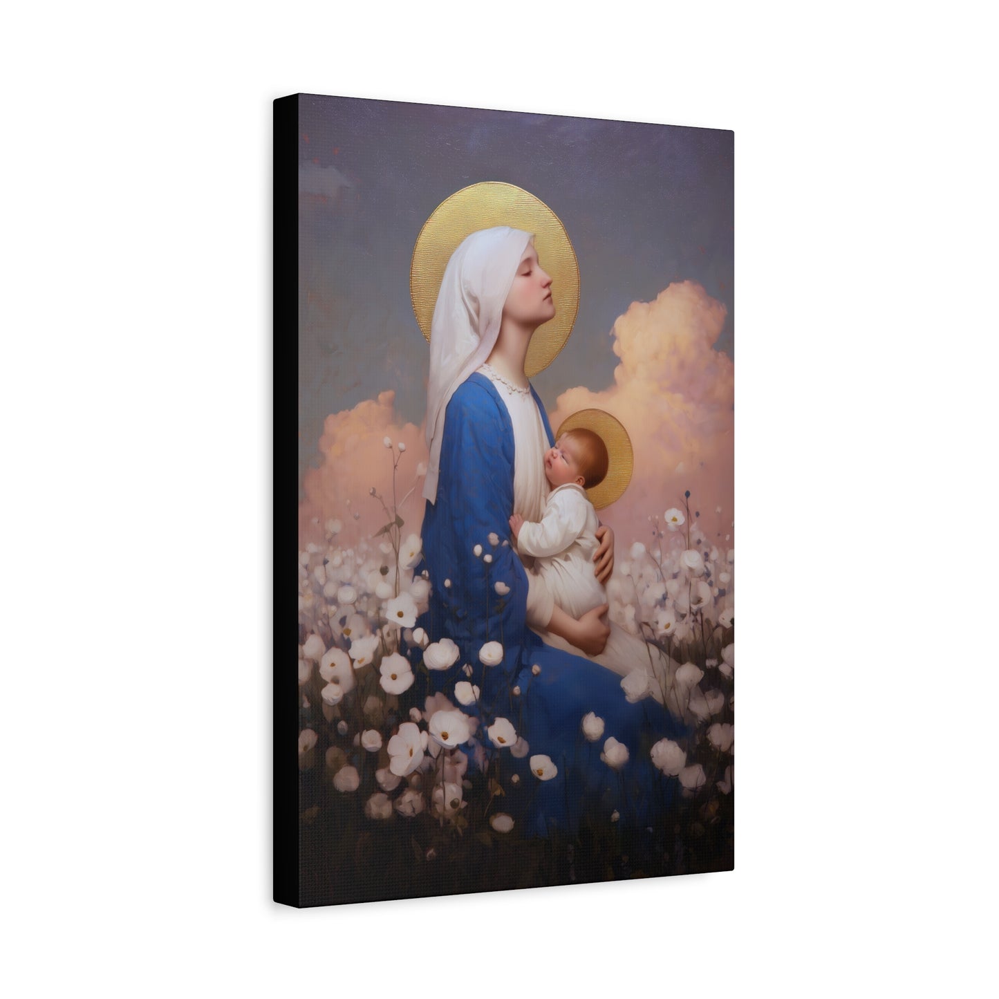 Mother Mary - Our Lady Among the Flowers -  Museum Wrapped Canvas - Sanctified Souls Print - Religious Art for your Home - Catholic Mother Mary Art