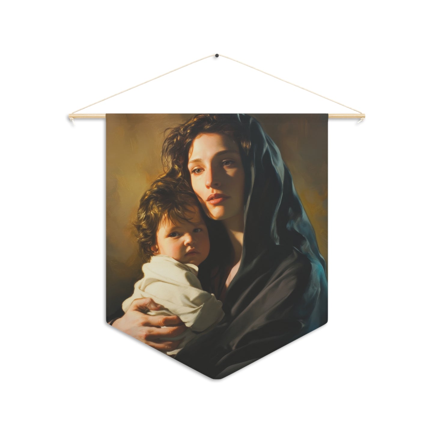 A mother's Gentle Embrace - Mary and The Christ Child Pennant / Banner / Wall Hanging - Prayer room art - 18" x 21" - Catholic Religious