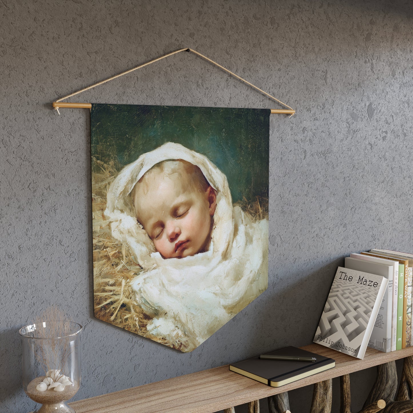 The Christ Child Resting in the Silence of the Manger - Wall Banner / Wall Hanging - Christian Art - Prayer room - 18" x 21"