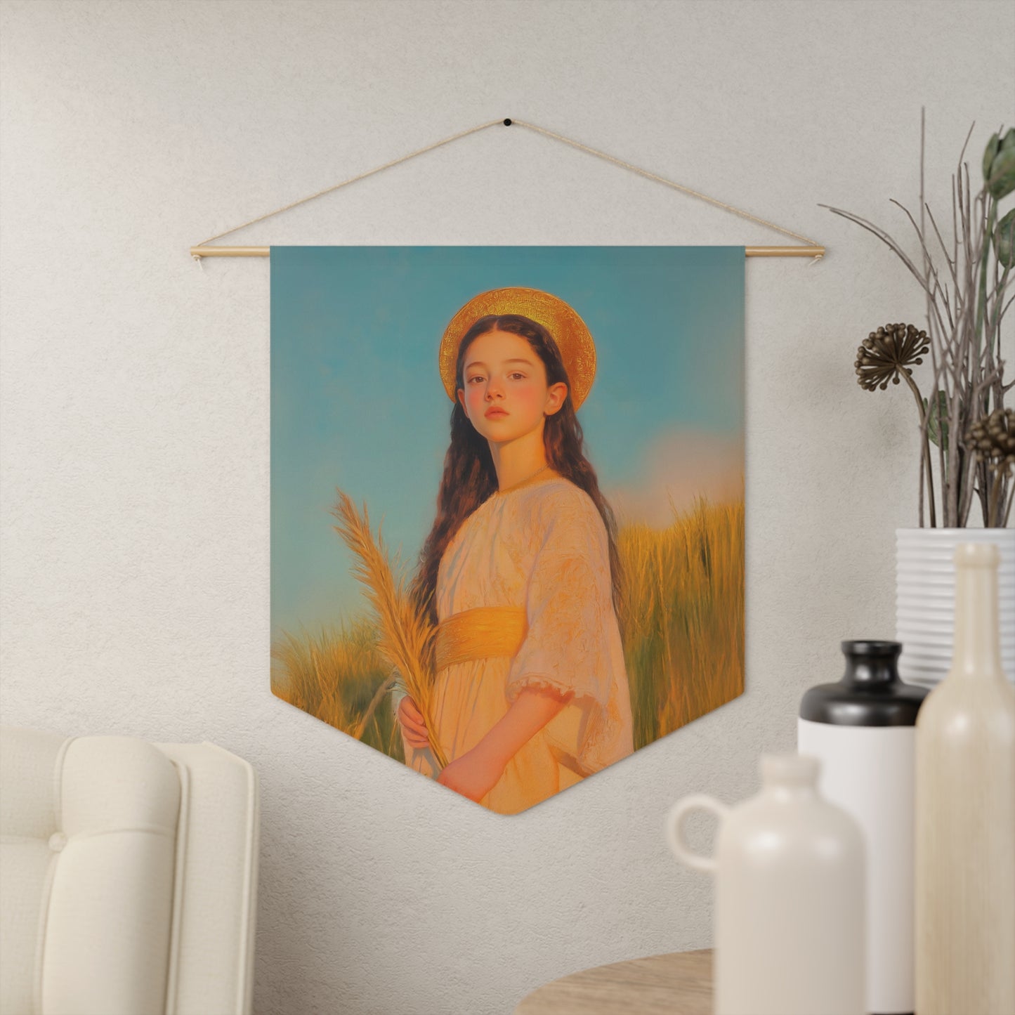 Saint Faith Pennant / Banner / Wall Hanging - Prayer room art - 18" x 21" - Catholic - Large Banner - Gifts for Catholics