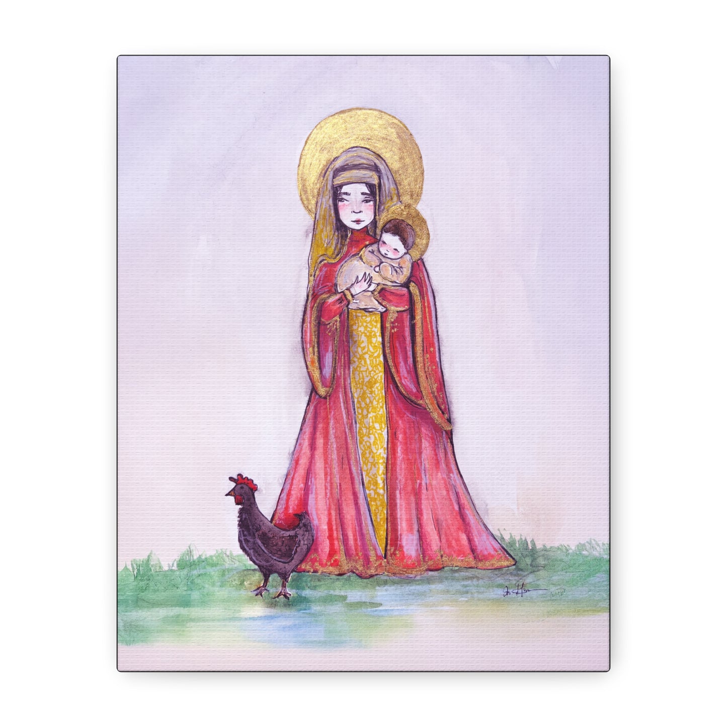 Our Lady of the Hens Catholic Canvas Print | Virgin Mary and Child Sacred Art | Hand-Drawn Watercolor Marian Wall Art
