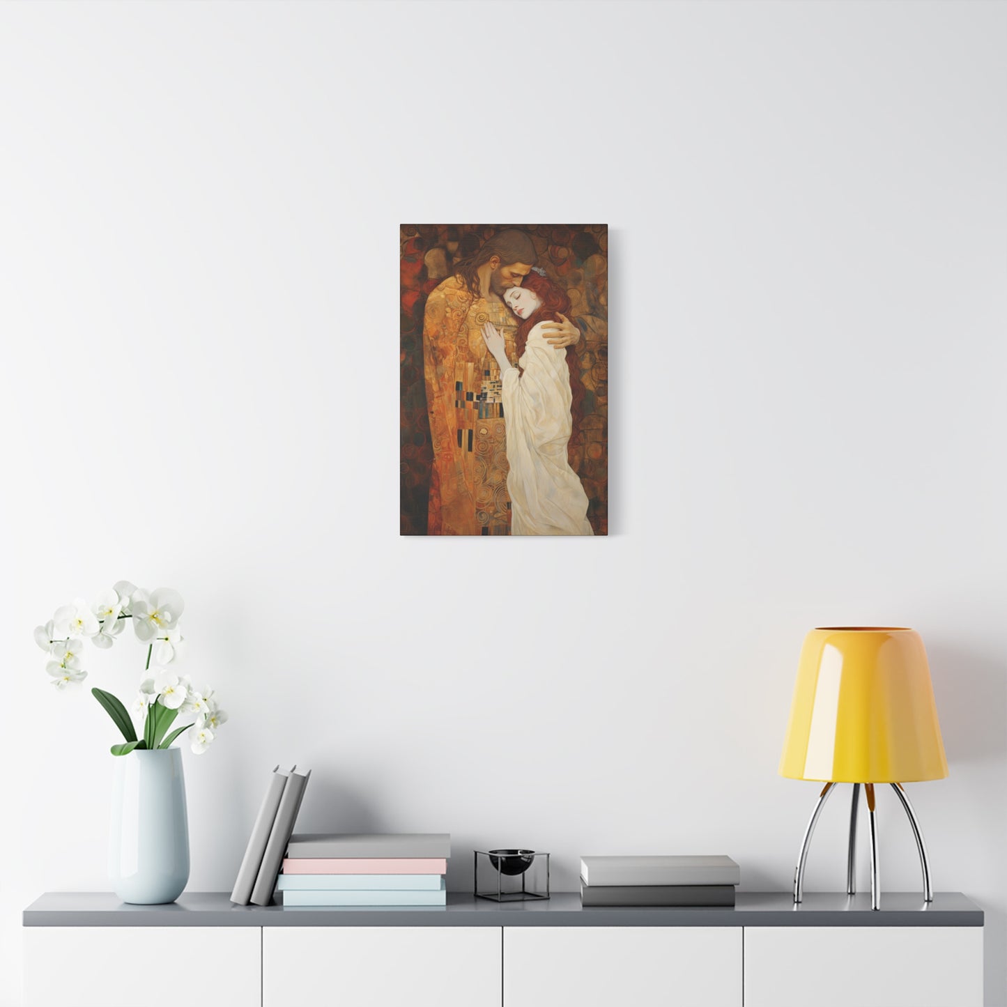 Transcendent Devotion: Christ Embracing Mary Magdalene Museum Wrapped Canvas - Sanctified Souls Print - Based on Klimt's The Kiss
