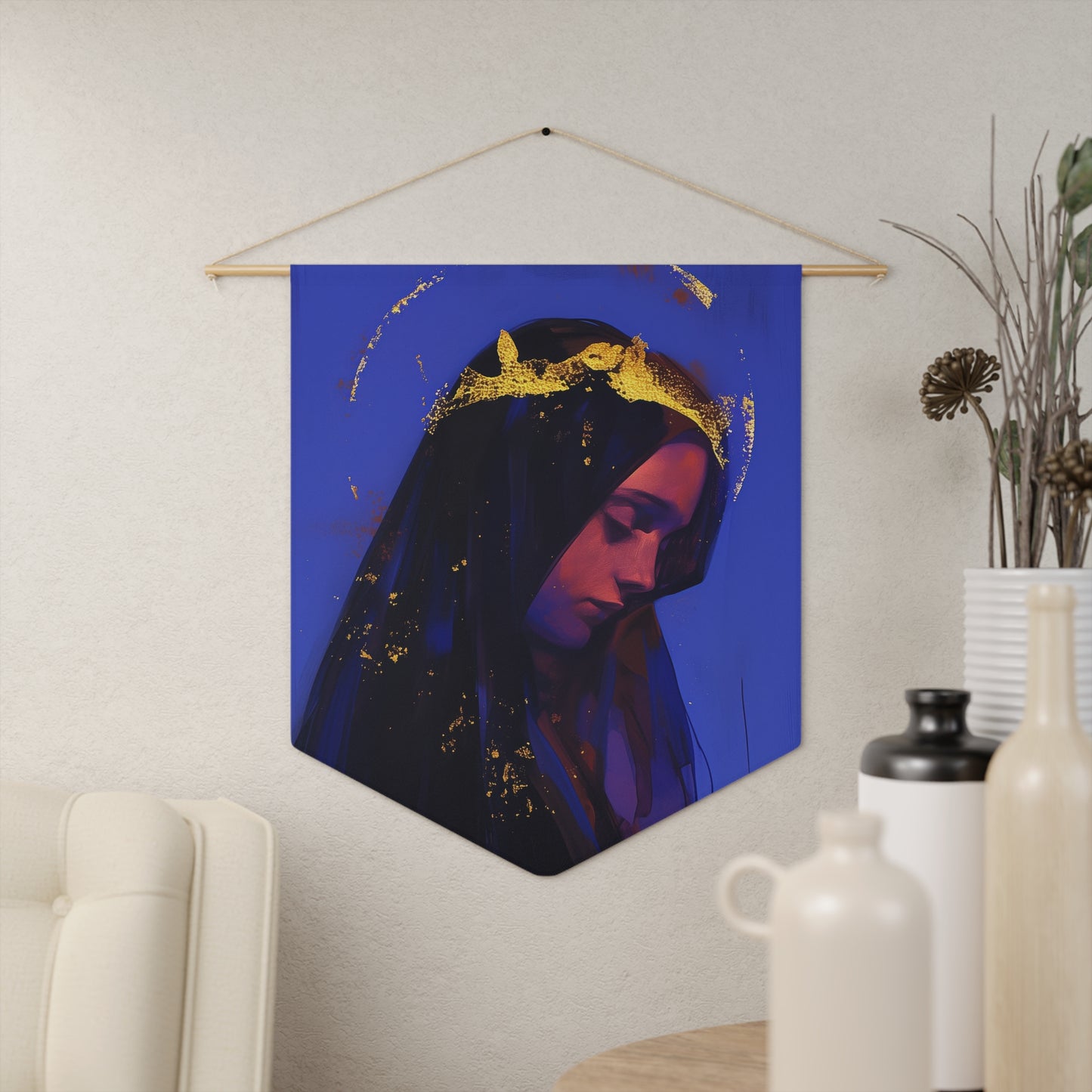 Mary, Mother of God - Queen of Heaven and Earth Pennant / Banner / Wall Hanging - Prayer room art - 18" x 21" - Catholic Gift