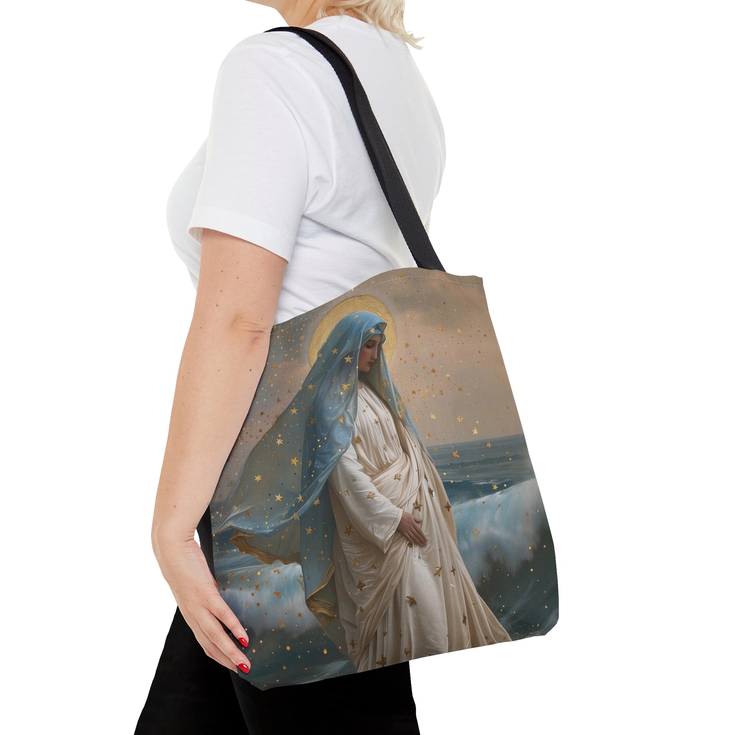 Ocean's Embrace - Devotion to Our Lady Star of the Sea Tote Bag - Large Medium Small Faith Art Bag - Re usable Tote Purse - Double Sided