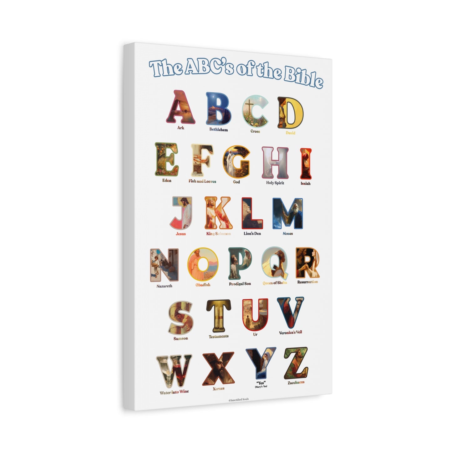 Catholic Bible ABC Prints - Alphabet Canvas - ABCs of the Bible Wall Art - Biblical People Places and Stories -  Homeschool / Sunday School