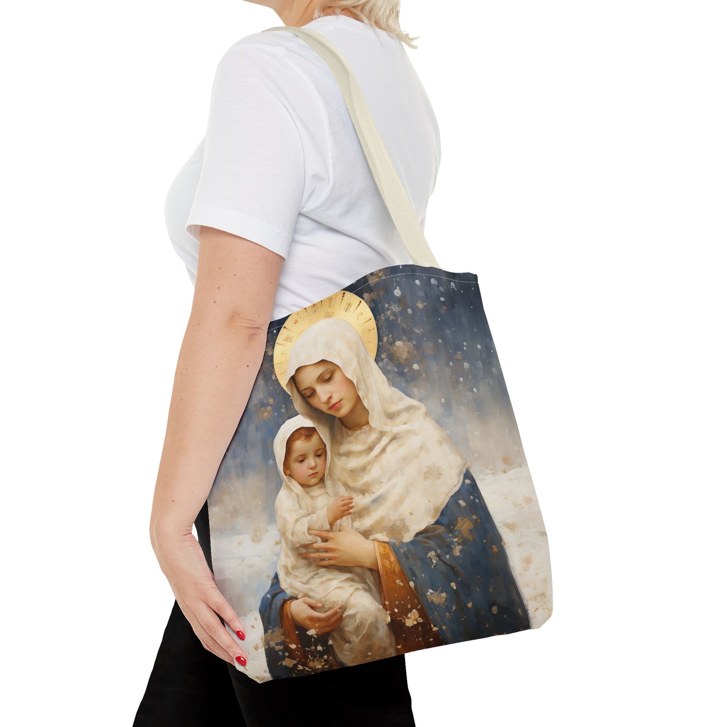 Winter's Grace : Our Lady of the Snows Tote Bag - Catholic faith inspired carry-all purse - day to day bag - Double Sided