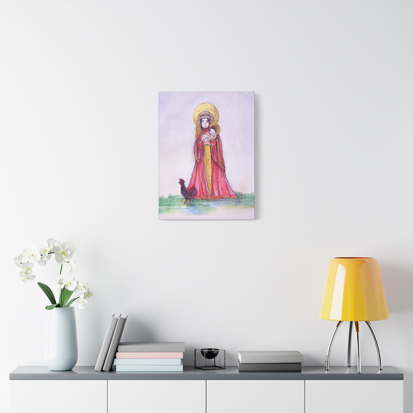 Our Lady of the Hens Catholic Canvas Print | Virgin Mary and Child Sacred Art | Hand-Drawn Watercolor Marian Wall Art