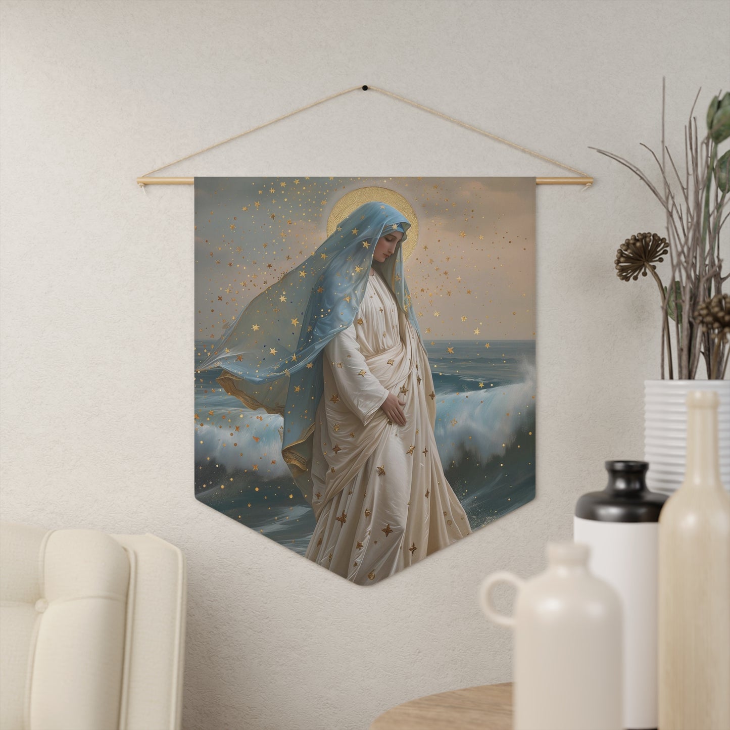 Ocean's Embrace - Devotion to Our Lady Star of the Sea Wall Banner / Wall Hanging - Prayer room art - Catholic - Virgin Mary - 18" x 21"