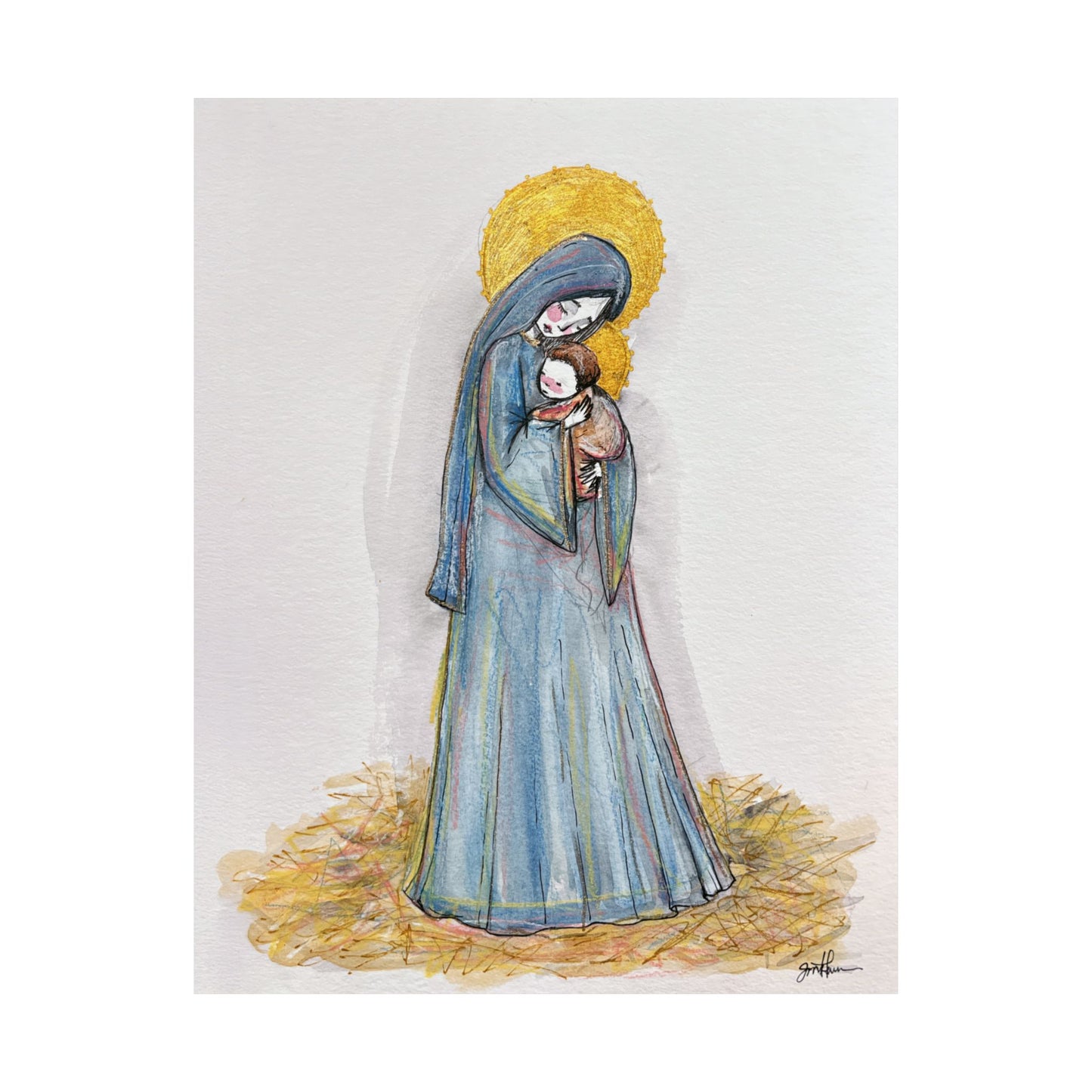 Our Lady of the Manger Catholic Art Print | Hand-Drawn Watercolor Virgin Mary Artwork | Christian Devotional Wall Art
