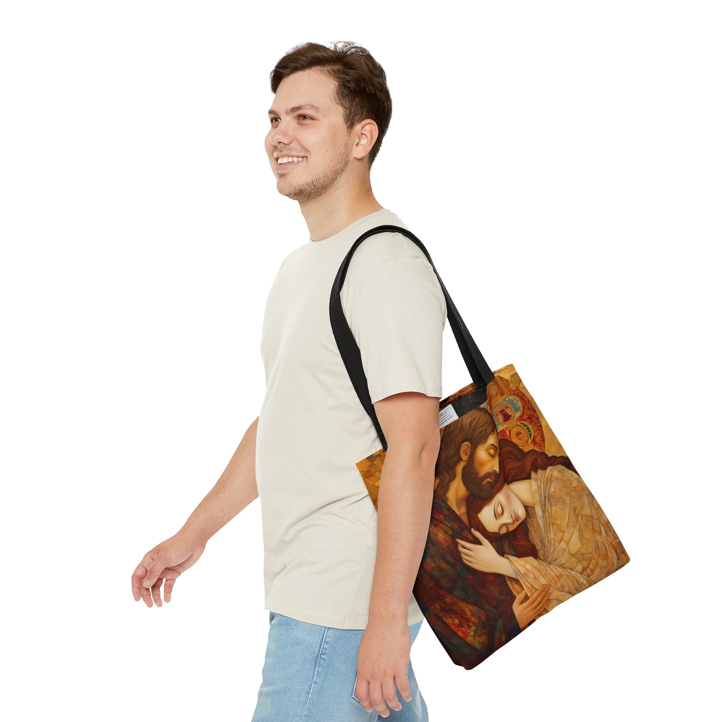Healing Love- The Embrace of Christ and Mary Magdalene Tote Bag - Catholic faith inspired carry-all purse - Based on The Kiss by Klimt