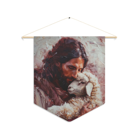 Jesus and the Little Lamb Pennant / Banner / Wall Hanging - Prayer room art - 18" x 21" - Catholic Gift - Religious Painting