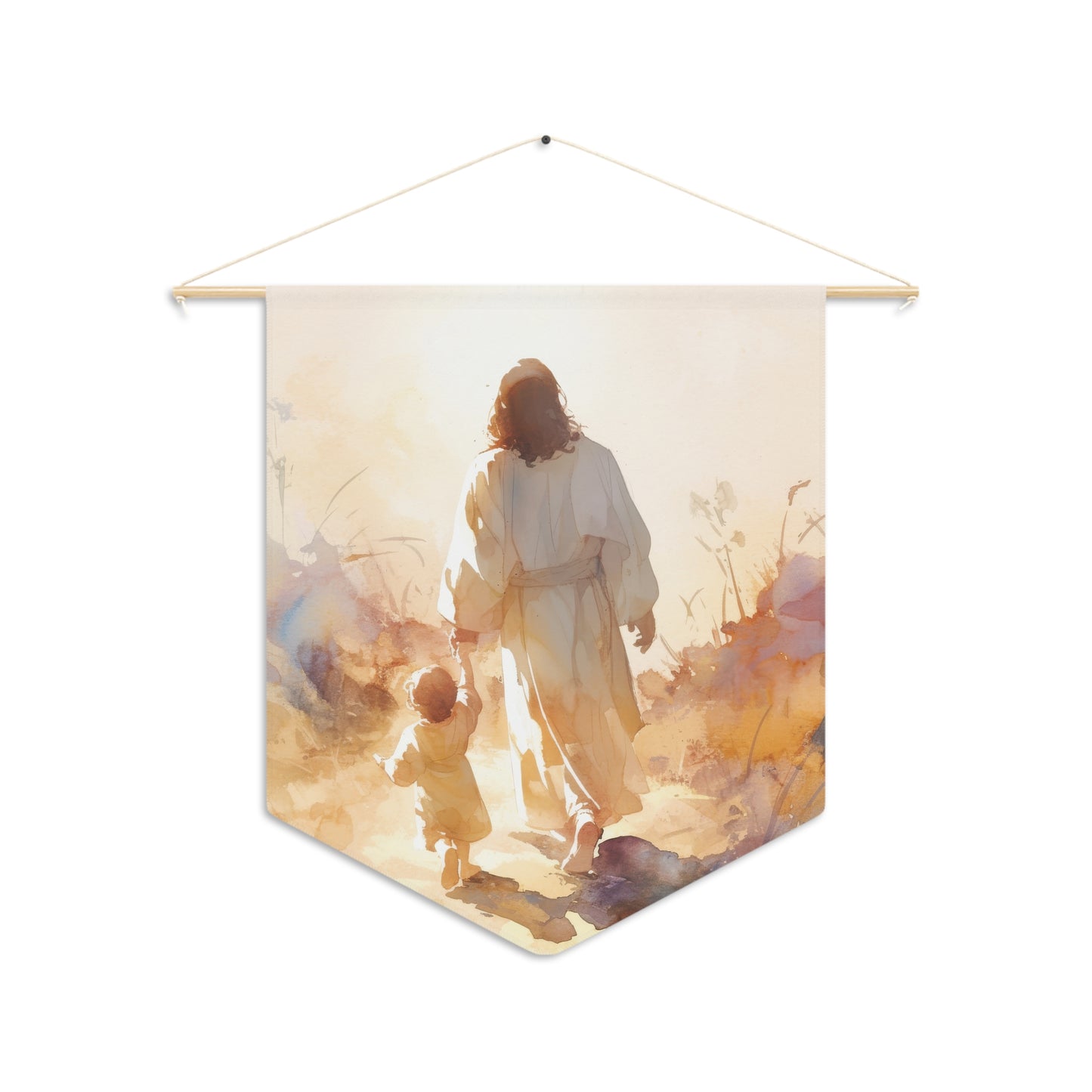 Jesus Guiding a Child in Faith Pennant / Banner / Wall Hanging - Prayer room art - 18" x 21" - Catholic Gift - Christ and Child