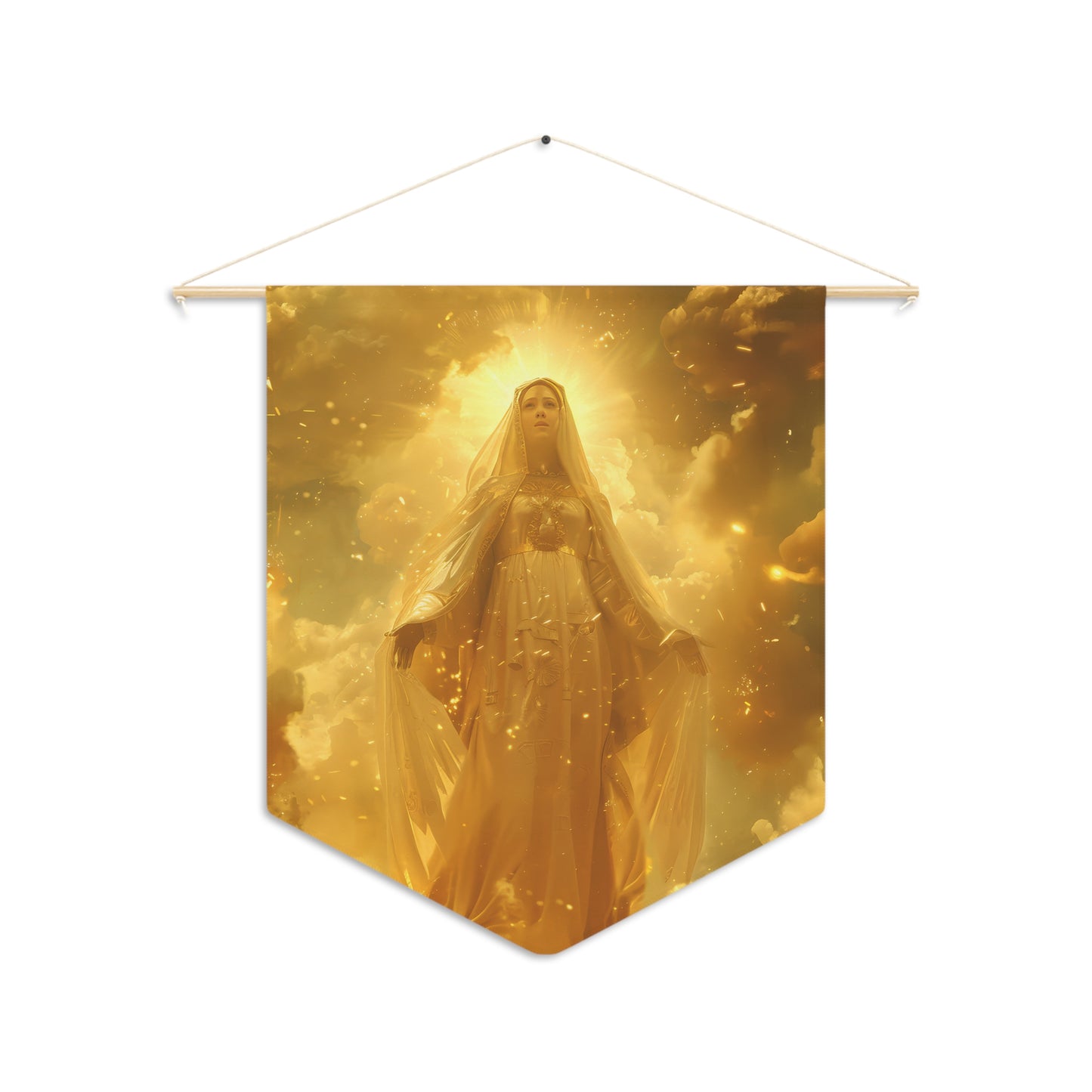 Virgin Mary - Mystical Sun - Golden Mary  Pennant / Banner / Wall Hanging - Prayer room art - 18" x 21" - Catholic Gift