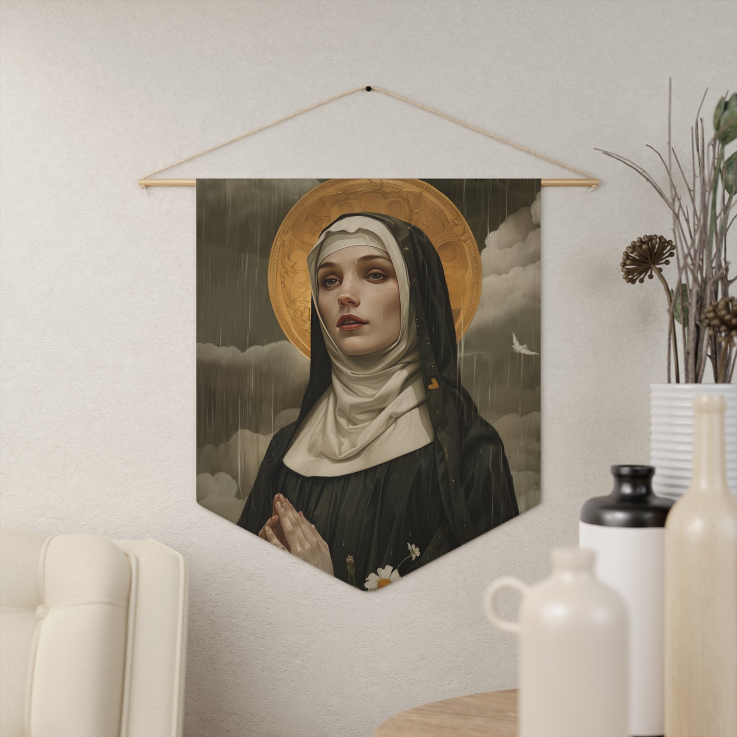 Saint Scholastica Pennant / Banner / Wall Hanging - Prayer room art - Catholic Home Art - Large Saint Art for your home - 18" x 21"