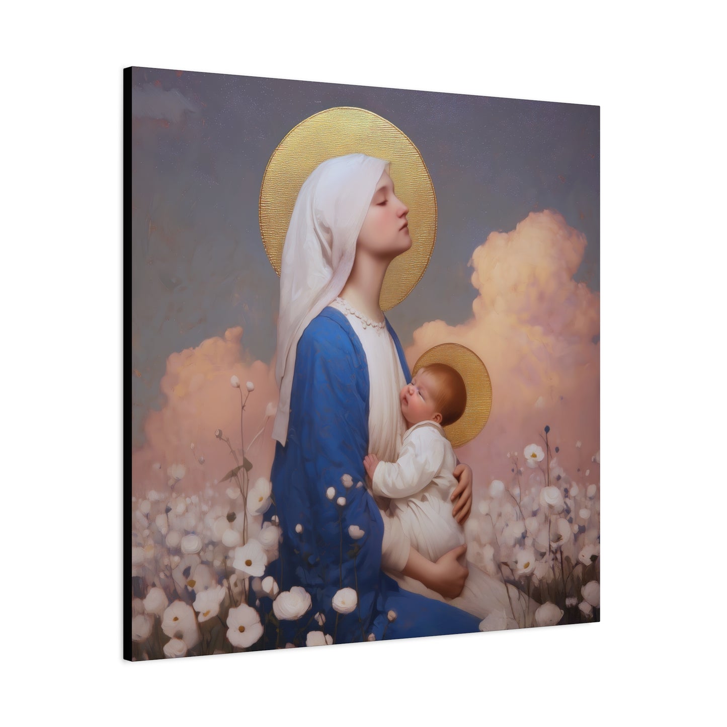 Mother Mary - Our Lady Among the Flowers -  Museum Wrapped Canvas - Sanctified Souls Print - Religious Art for your Home - Catholic Mother Mary Art