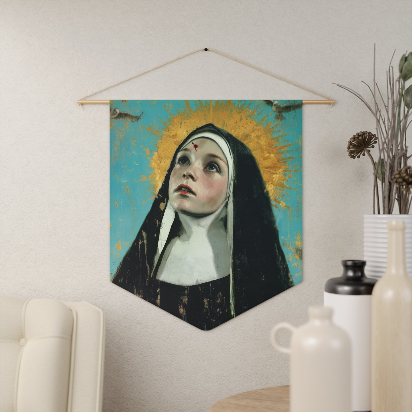 Saint Rita of Cascia Pennant / Banner / Wall Hanging - Prayer room art - Catholic Home Art - Large Saint Art for your home - 18" x 21"