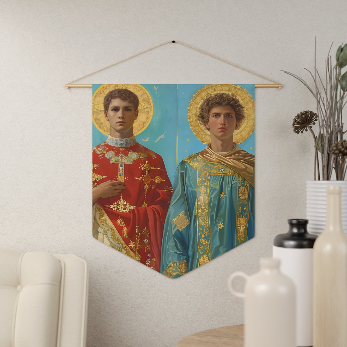 Saints Faustinus and Jovita Wall Banner / Wall Hanging / Pennant - Religious Art for your home - Catholic Art - Large - 18" x 21"