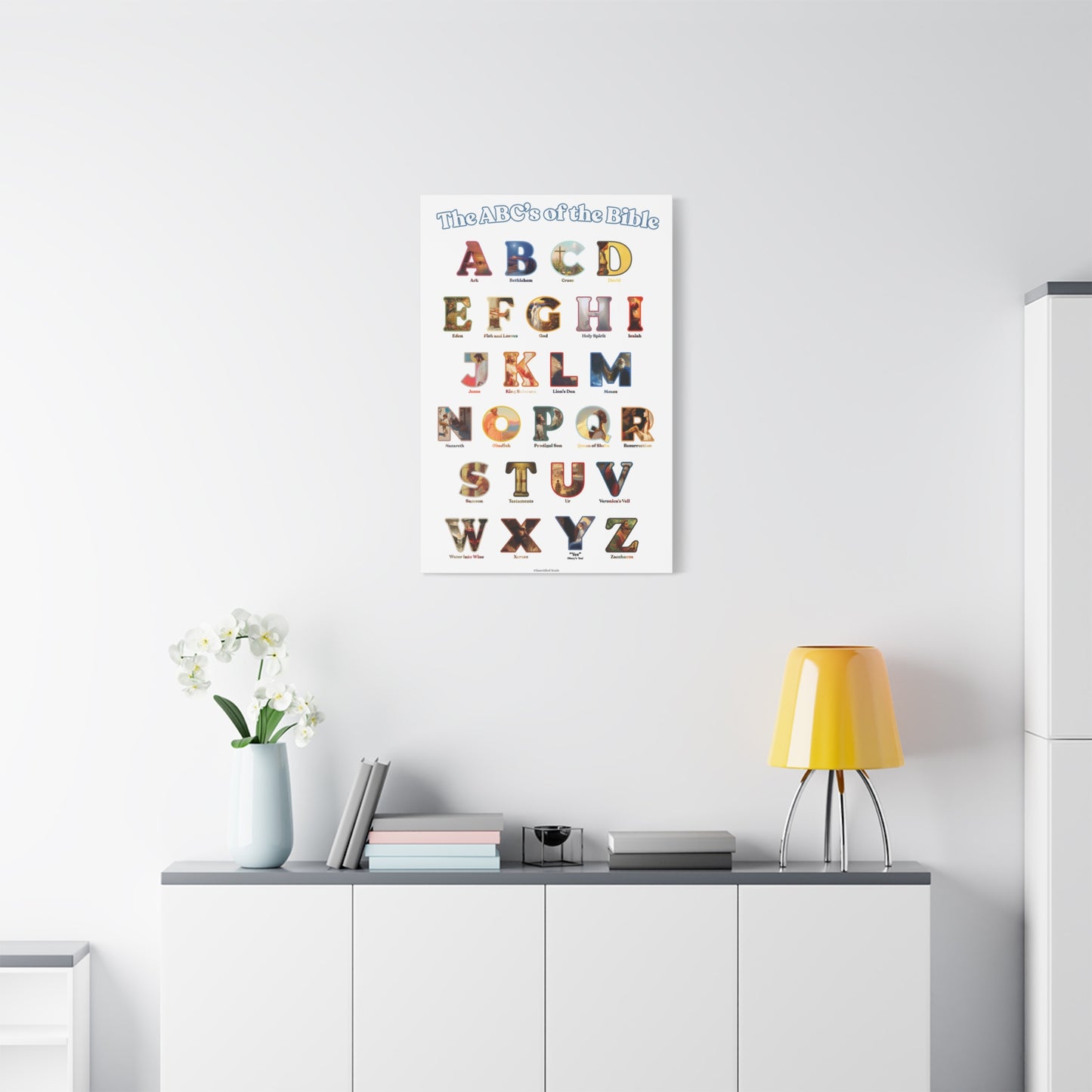 Catholic Bible ABC Prints - Alphabet Canvas - ABCs of the Bible Wall Art - Biblical People Places and Stories -  Homeschool / Sunday School