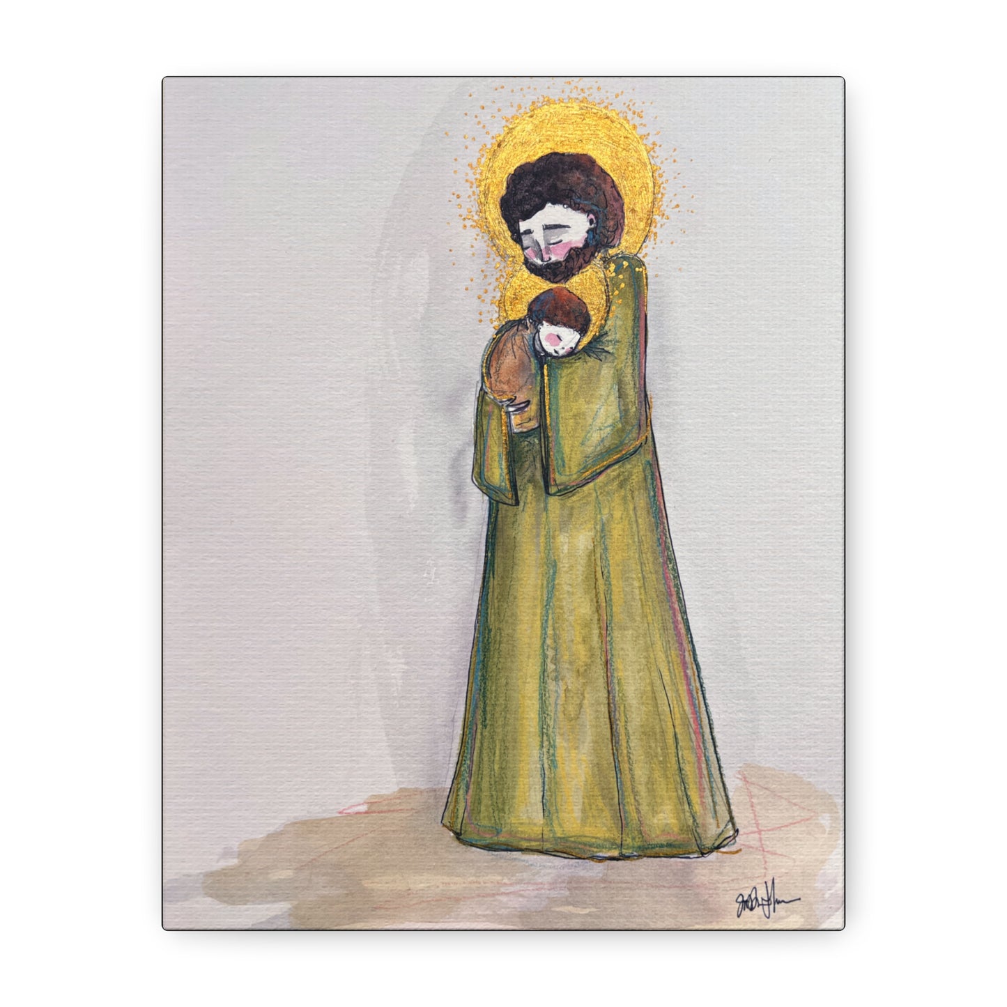 Saint Joseph and Child Jesus Catholic Canvas Print | Hand-Drawn Watercolor Sacred Art | Christian Devotional Wall Art