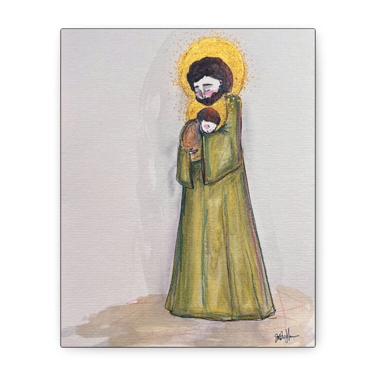 Saint Joseph and Child Jesus Catholic Canvas Print | Hand-Drawn Watercolor Sacred Art | Christian Devotional Wall Art