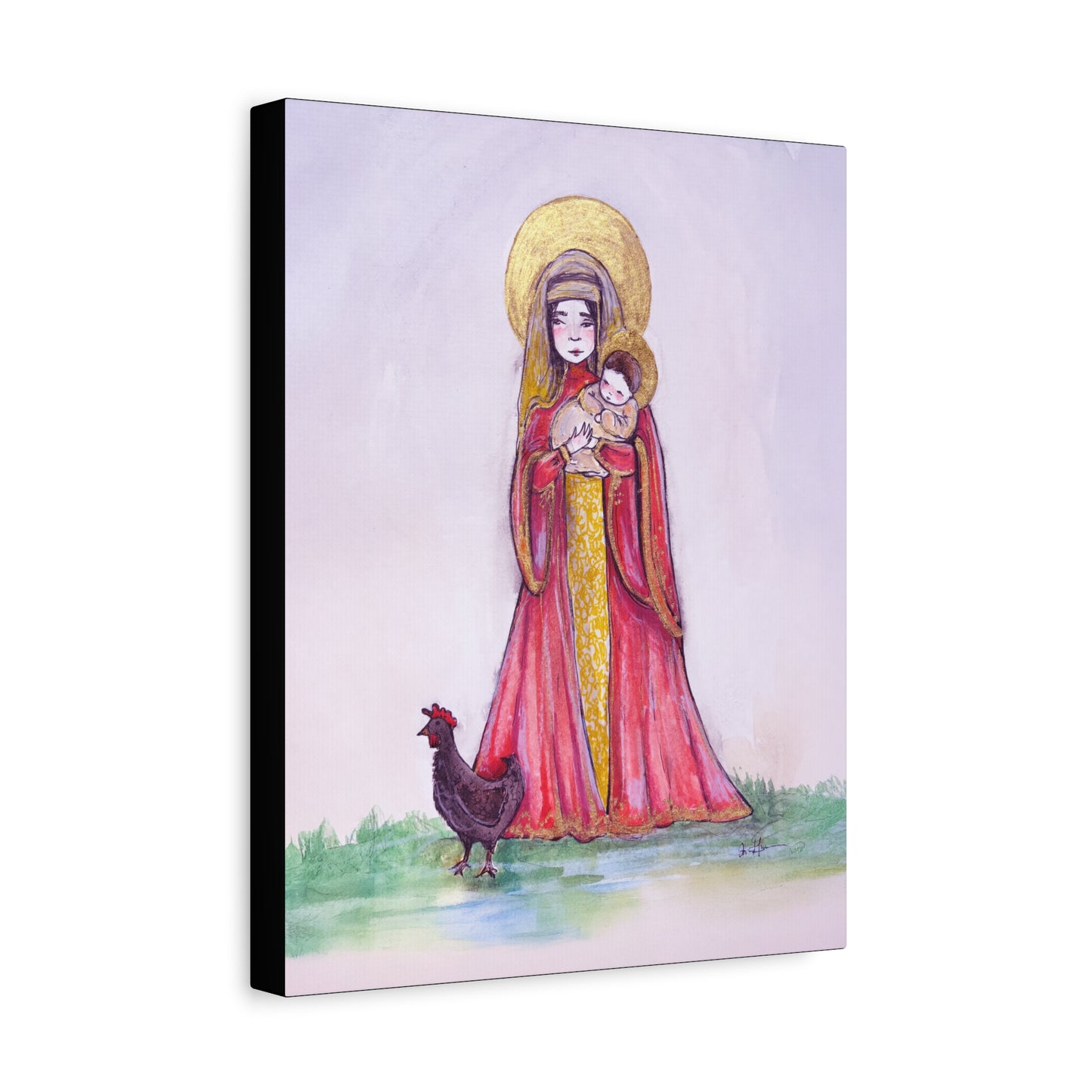 Our Lady of the Hens Catholic Canvas Print | Virgin Mary and Child Sacred Art | Hand-Drawn Watercolor Marian Wall Art