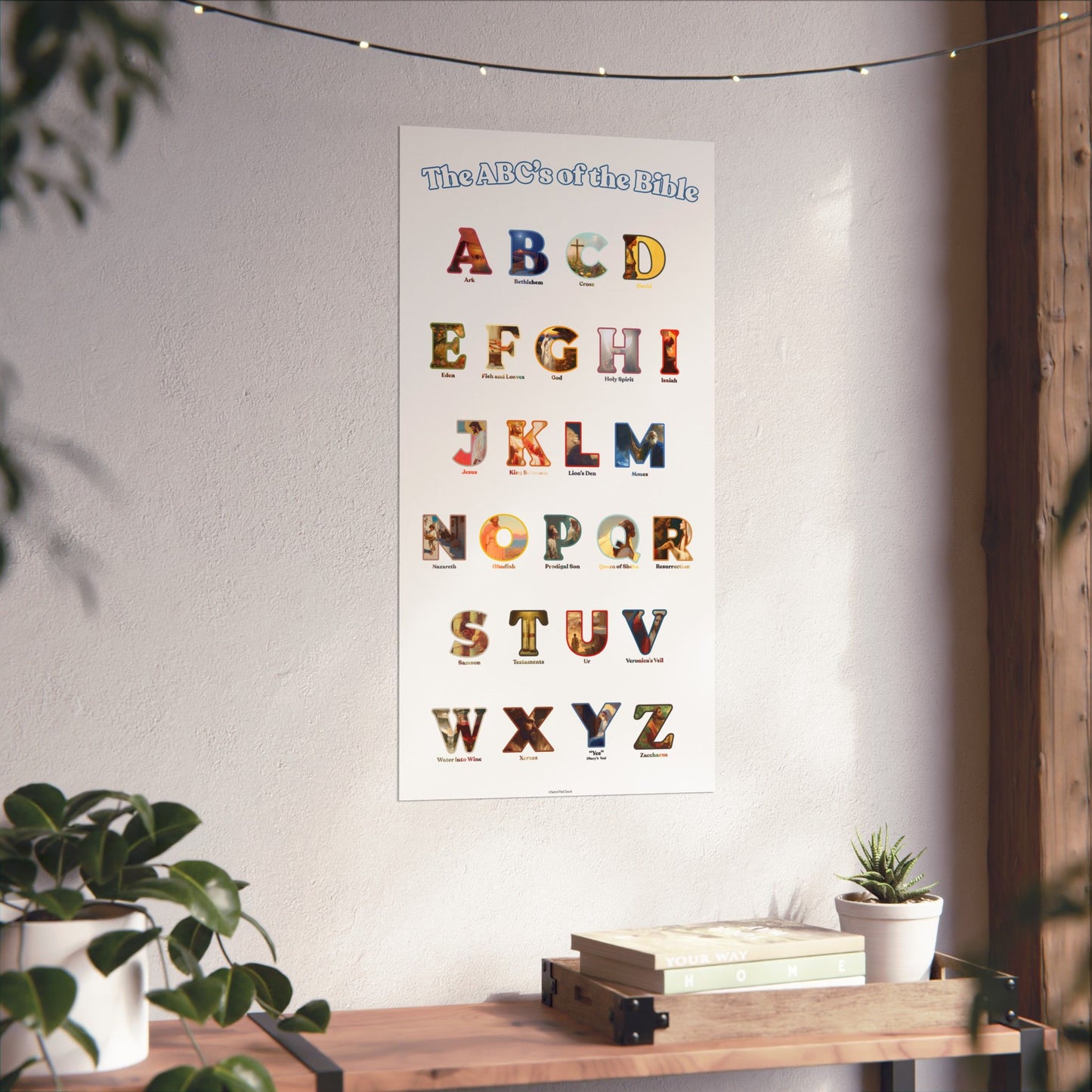 Bible ABC Poster - ABCs of the Bible Wall Art - Biblical People Places and Stories Chart - Christian Homeschool or Sunday School Decor