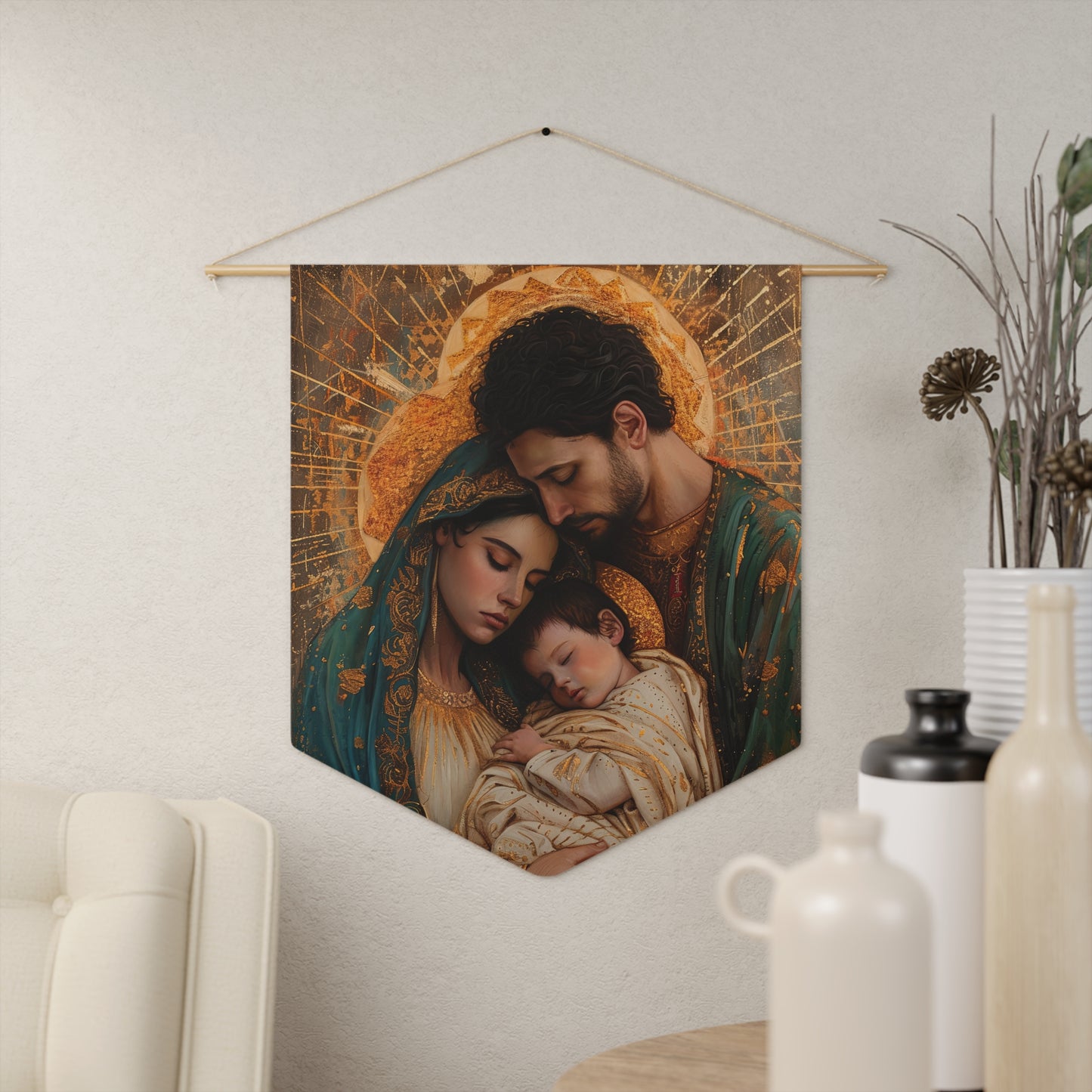 Divine Harmony - The Holy Family Wall Banner / Wall Hanging - Prayer room art - Catholic - Large Saint Art - 18" x 21" - Jesus, Mary, Joseph