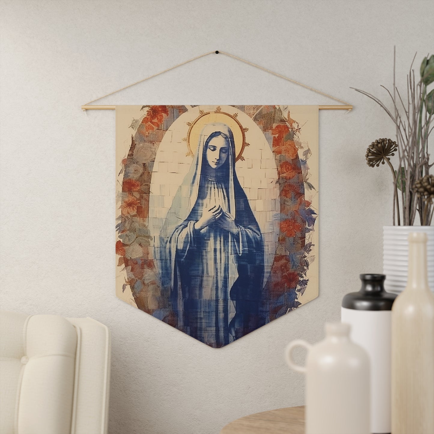 Mary the Blessed Virgin Wall Banner / Wall Hanging - Prayer room art - Mother Mary Art - Nursery Room print - 18" x 21"