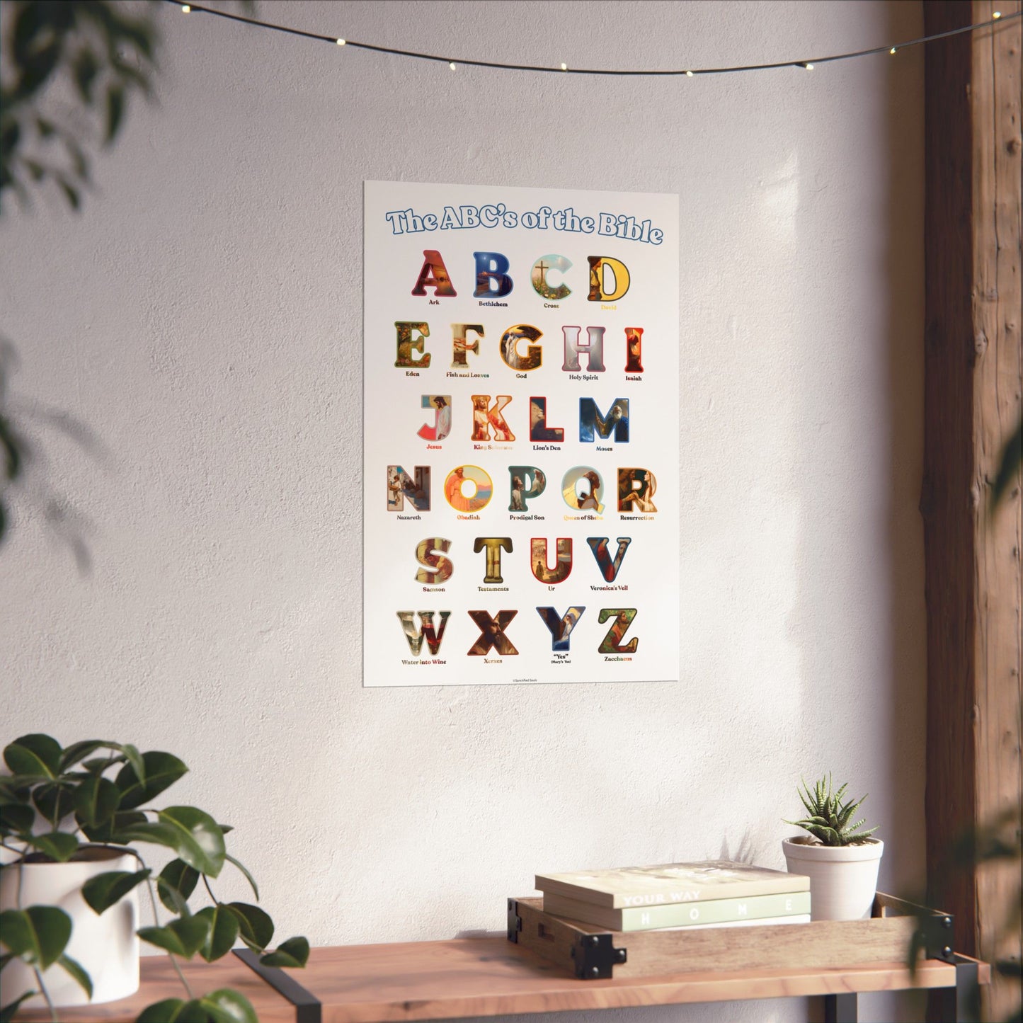 Bible ABC Poster - ABCs of the Bible Wall Art - Biblical People Places and Stories Chart - Christian Homeschool or Sunday School Decor