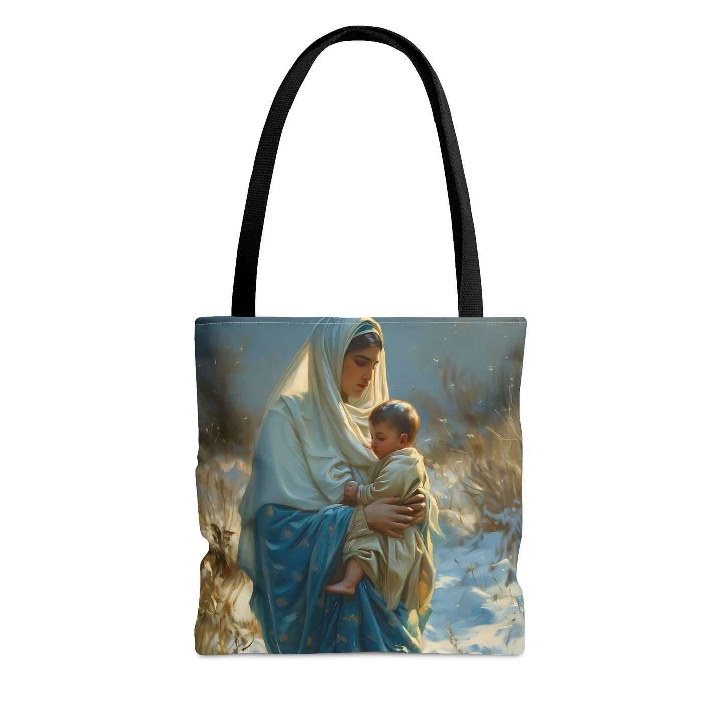 Snowfall of Grace - Our Lady's Winter Radiance - Our Lady of the Snows Tote Bag - Large Medium Small Faith Art Bag