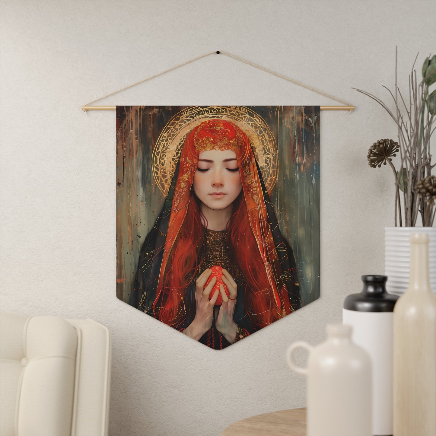 Devotion of Mary Magdalene - Saint Mary Magdalene and the Red Easter Egg Pennant / Banner / Wall Hanging - Prayer room art - 18" x 21"