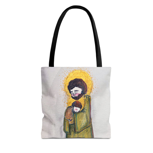 Saint Joseph Catholic Tote Bag | St Joseph and Child Christian Tote | Hand-Drawn Sacred Art Tote | Sanctified Solocosmo Religious Tote